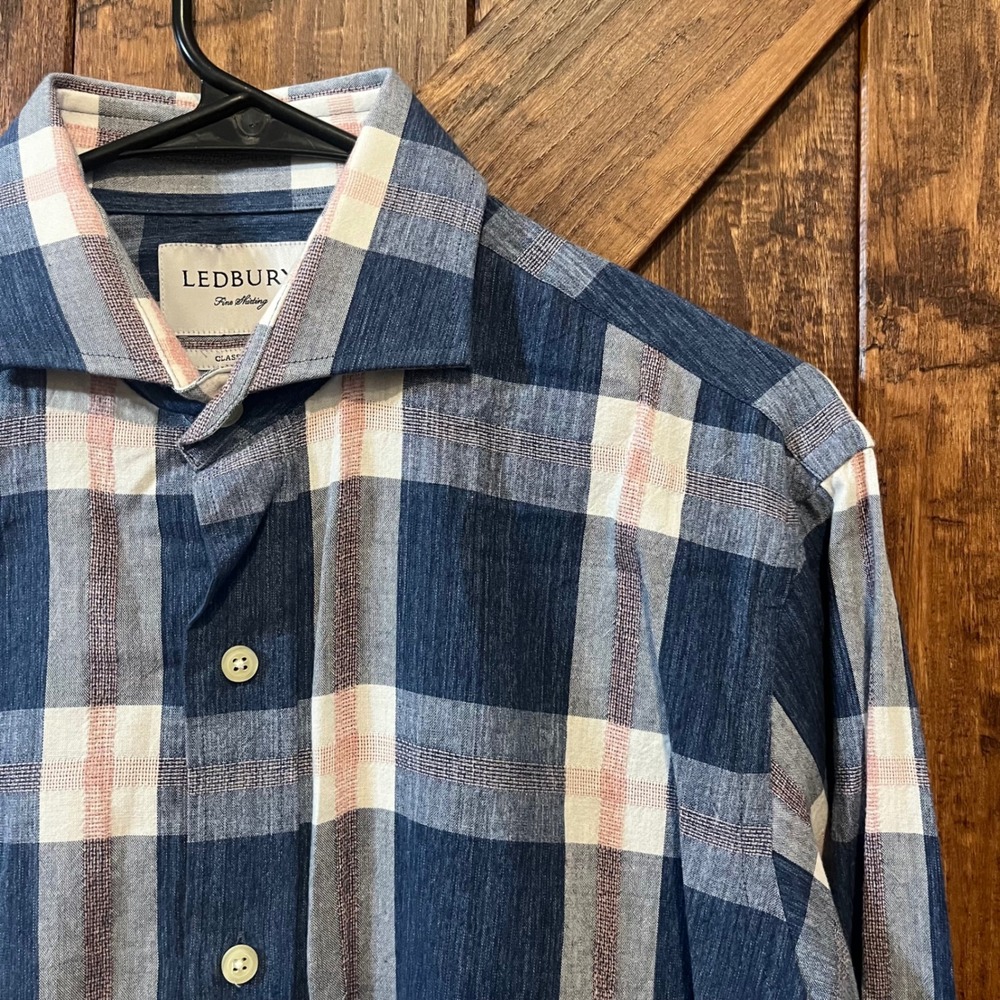 Ledbury Fine Shirting Mens Blue Pink Plaid Classic Fit Button Up Shirt Small‎